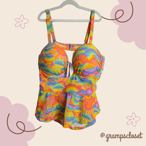Unique Vintage Groovy Print Two-Piece Peplum Swimsuit 1X - Picture 1 of 6